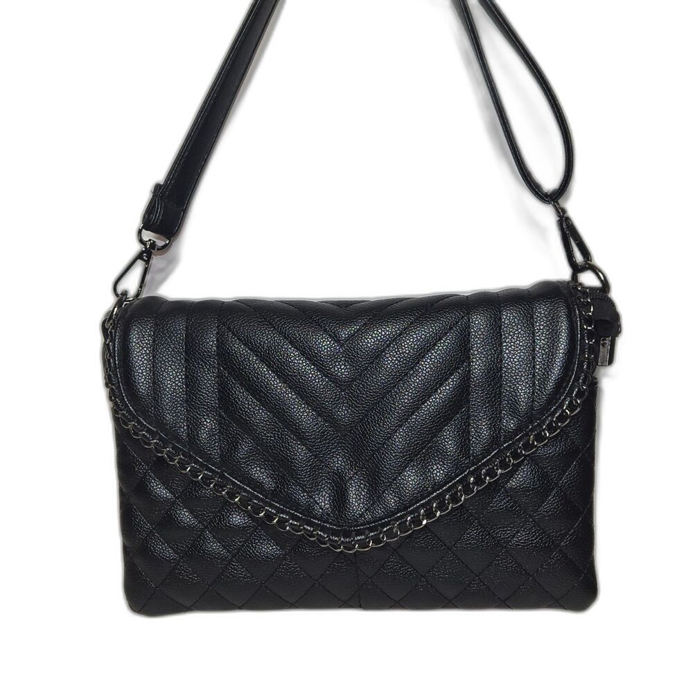 Makukke Quilted Vegan Leather Crossbody Bag Black Chevron Flap 10"x7"